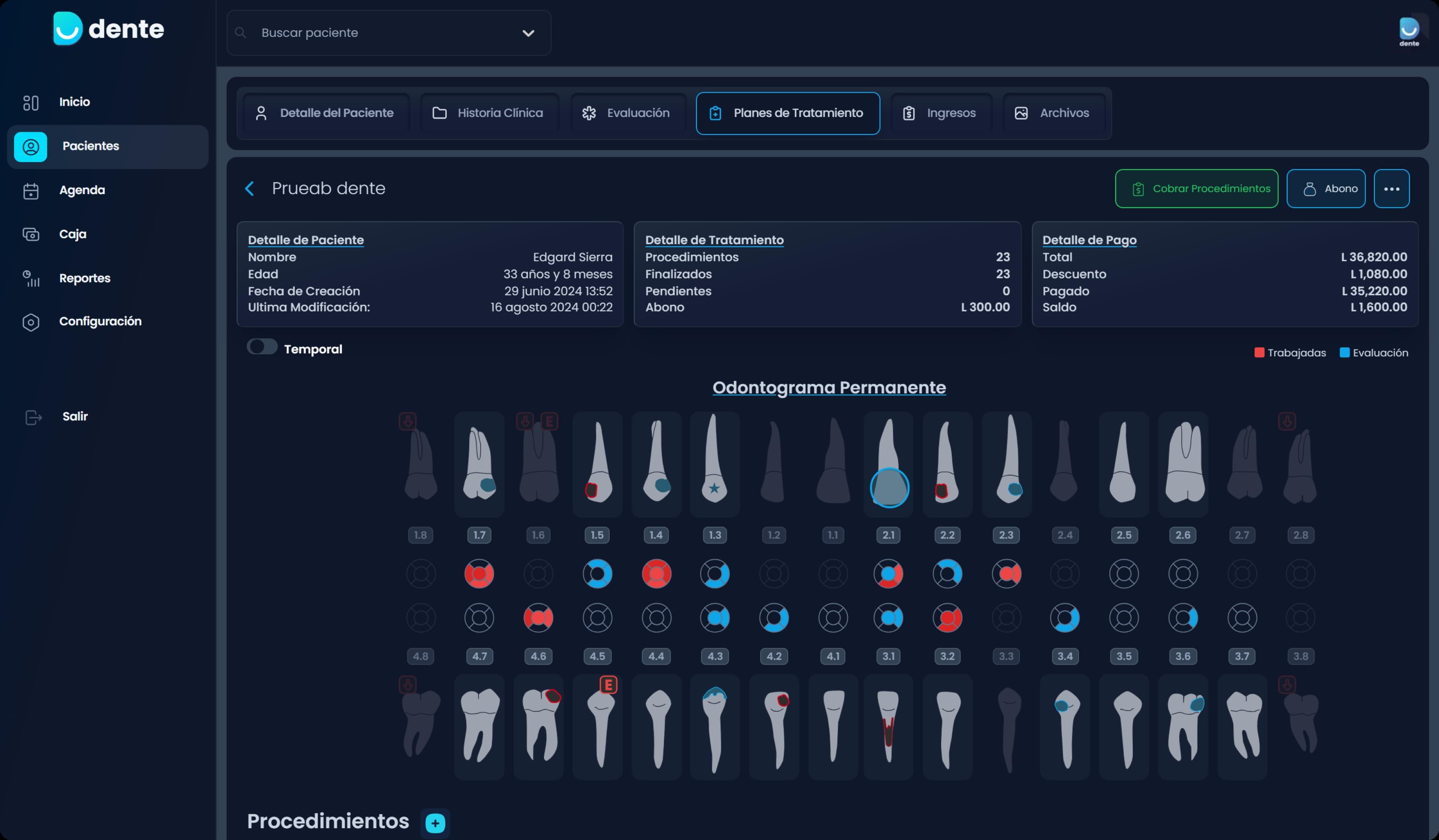 pantalla de odontograma